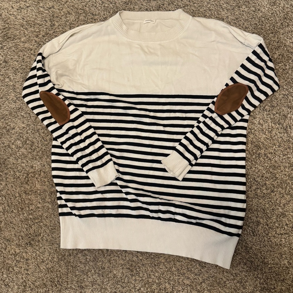 Striped Black and White womens Sweater with Brown Accents